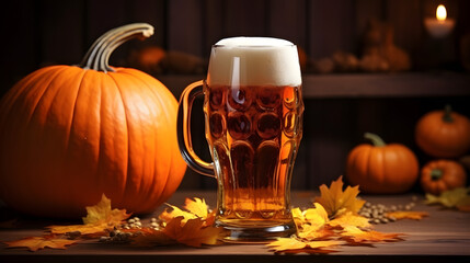 A beer glass with a pumpkin on top of it,