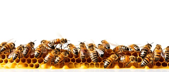 Close-up of swarm of bees sitting on honeycomb, honey in apiary - obrazy, fototapety, plakaty