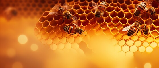 Close-up of swarm of bees sitting on honeycomb, honey in apiary