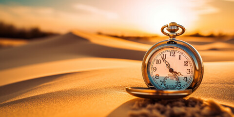 intricate golden pocketwatch in desert