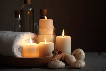 spa setting with candles and towels.AI Generated