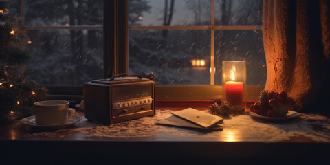 candle and radio on table by snowy window
