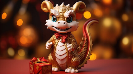 small cute baby dragon with a gift box on a background of lights, new year, symbol 2024, chinese calendar, christmas tree toy, eve, holiday, ribbon, bow, figurine, dinosaur, mythical animal, gold