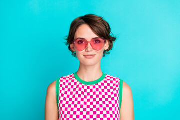 Portrait of nice charming young lady wear plaid singlet stylish heart shape sunglasses model...