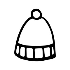 Winter Hat Black and White Coloring Book in Doodle Sketch Style. Hand Drawn Coloring Page for Kids. Winter Cap Illustration Isolated on White background.