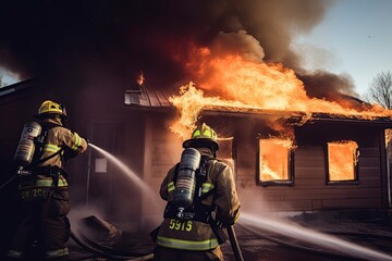 Firefighters and burning house in the background.AI Generated	