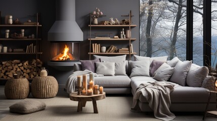 Scandinavian hygge home interior design of a modern living room with a grey sofa with a woven blanket near a fireplace