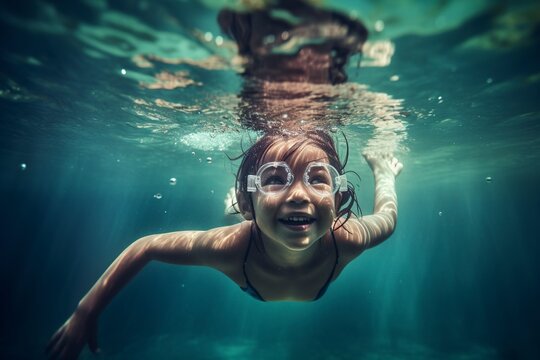 little girl deftly swim underwater in pool.AI Generated