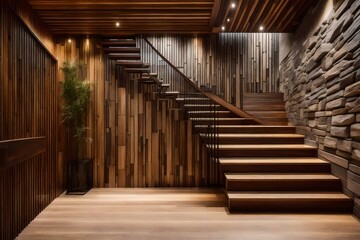 Fototapeta premium Wooden staircase and stone cladding wall in rustic hallway. Cozy home interior design of modern entrance hall with door.