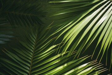 Obraz premium Green tropical tree palm leaves with sunny shadow as background. Copy space.