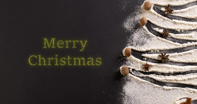 Animation of merry christmas text and christmas tree on black background