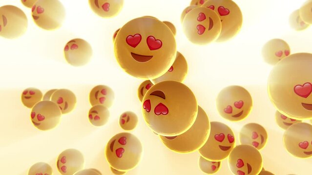 4K Flying yellow emoji between rays of light on a light background. 3D animated emoji with heart-shaped eyes flying