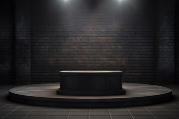3D Black Podium with Black Brick Background for Product Display Mockup