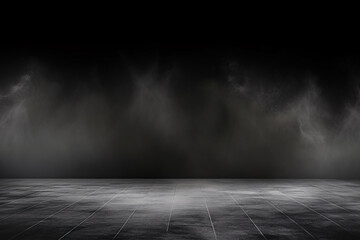 Abstract Dark Room Concrete Floor Background for Product Placement with Panoramic White Fog