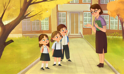 Teacher and children in front of school building, autumn