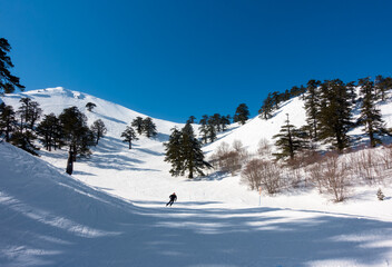Fototapeta na wymiar Breathtaking scenery on the snowy slopes of Vasilitsa ski center, Grevena, Greece