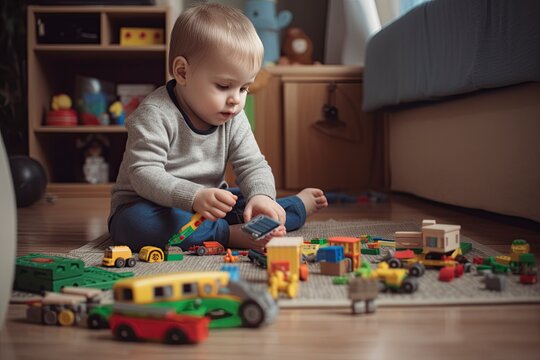 child playing and building with colorful plastic bricks.AI Generated