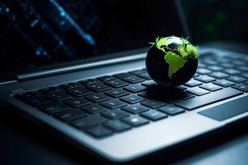 global computer business concept with small globe on laptop keyboard in mixed light.AI Generated