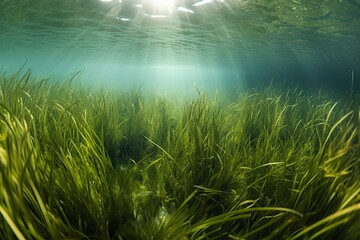 Neptune seagrass Posidonia oceanica underwater with natural sunlight in Mediterranean sea.AI Generated - obrazy, fototapety, plakaty