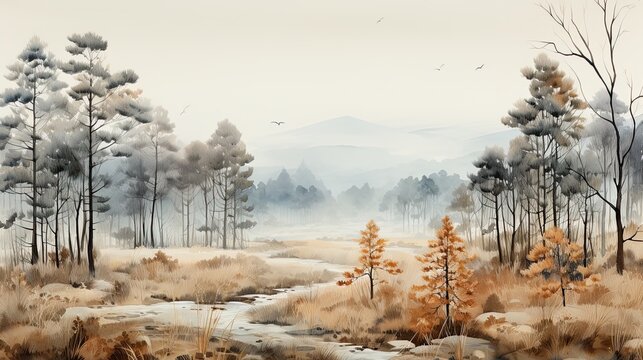 Beautiful watercolors of a winter forest wrapped in morning mists