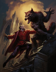 Vampire man fighting werewolf in front of gothic cathedral
