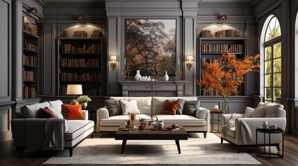 Fototapeta na wymiar The interior design of a modern living room showcases a classic cozy room with gray sofa and armchairs