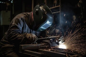 welder is welding metal part in factory.AI Generated