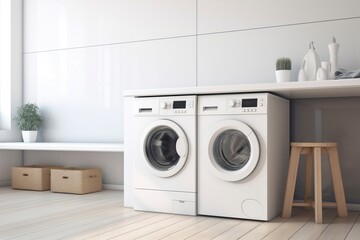 Clothes washing machine in laundry room interior.AI Generated