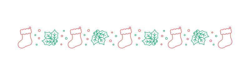 Christmas themed decorative border and text divider, Christmas Stocking and Mistletoe Pattern Line Art Doodle. Vector Illustration.