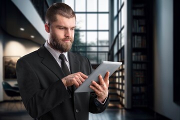 Fototapeta premium Smiling business worker wearing suit hold digital tablet, AI generated image