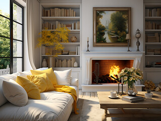White Sofa with Yellow Pillows and Fireplace