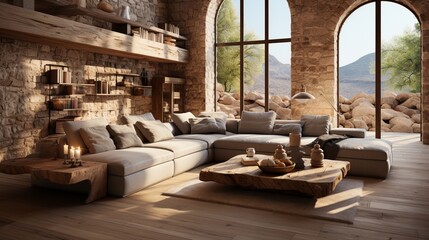 Fototapeta na wymiar The Mediterranean style interior design of a modern living room features a sandstone wall, adding to its charm