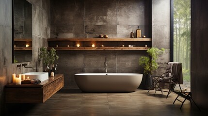 The minimalist style interior design of the modern bathroom features a concrete wall - obrazy, fototapety, plakaty