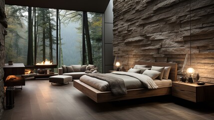 The modern bedroom boasts minimalist interior design, with stone-tiled and wood-paneled walls adding to its charm