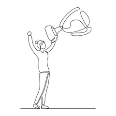 Continuous single line sketch drawing of business woman successful achievement  goal holding trophy reward. one line vector illustration success leader employee corporate celebration 