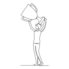 Continuous single line sketch drawing of business woman successful achievement  goal holding trophy reward. one line vector illustration success leader employee corporate celebration 