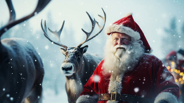 Christmas, advent, winter, celebration, holiday, santa claus with elks on white snow landscape, real christmas atmosphere