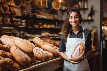 Tuinposter jeune boulangère souriante dans sa boutique qui présente ses pains © Sébastien Jouve