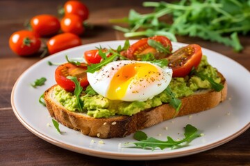 Avocado toast with eggs and roasted tomatoes.