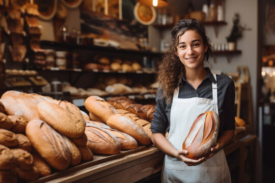 jeune boulangère souriante dans sa boutique qui présente ses pains