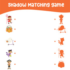 Fototapeta premium Matching shadows game for kids with cute kids in Halloween costume festival. Find the correct shadow of the Halloween elements. Printable worksheet for kid. Vector file. 