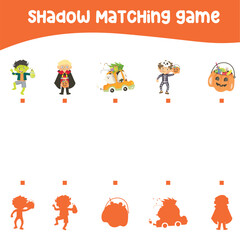 Matching shadows game for kids with cute kids in Halloween costume festival. Find the correct shadow of the Halloween elements. Printable worksheet for kid. Vector file. 