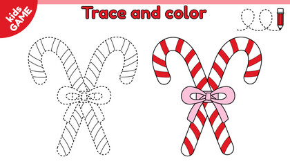 Kids game. Trace and color. Connect dotted lines and draw a Christmas red striped candy cane. Handwriting practice worksheet. Writing and coloring page for children. Vector exercise for kindergarten.