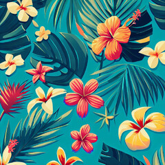 Obraz premium blue green background with flowers and leaves in Hawaiian style