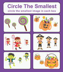 Educational game for preschool and kindergarten children circle the smallest object in each box of cute cartoon character of Halloween festival elements. Printable activity page for kids. Vector file.