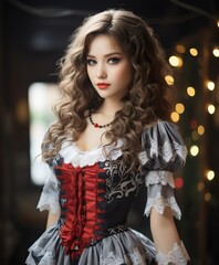 Fototapeta premium Radiant in Red: Miss Claus Fancy Dress for the Holidays