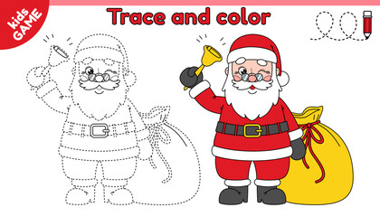 Educational kids game. Trace and color. Handwriting practice worksheet with Santa Claus. Writing and coloring page for children. Baby puzzle for kindergarten education. Dotted line vector illustration