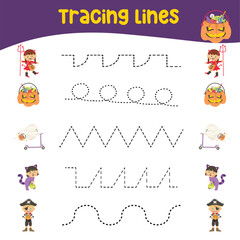Tracing horizontal lines activity with cute Halloween festival elements. Tracing worksheet for kids practising the motoric skills. Educational printable worksheet. Vector illustration.