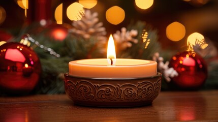 Christmas glowing burning candles, lights and holiday decorations Advent Background. Christmas Decoration With Ornament. Festive mood. Cozy, magical home atmosphere..