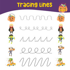 Tracing horizontal lines activity with cute Halloween festival elements. Tracing worksheet for kids practising the motoric skills. Educational printable worksheet. Vector illustration.